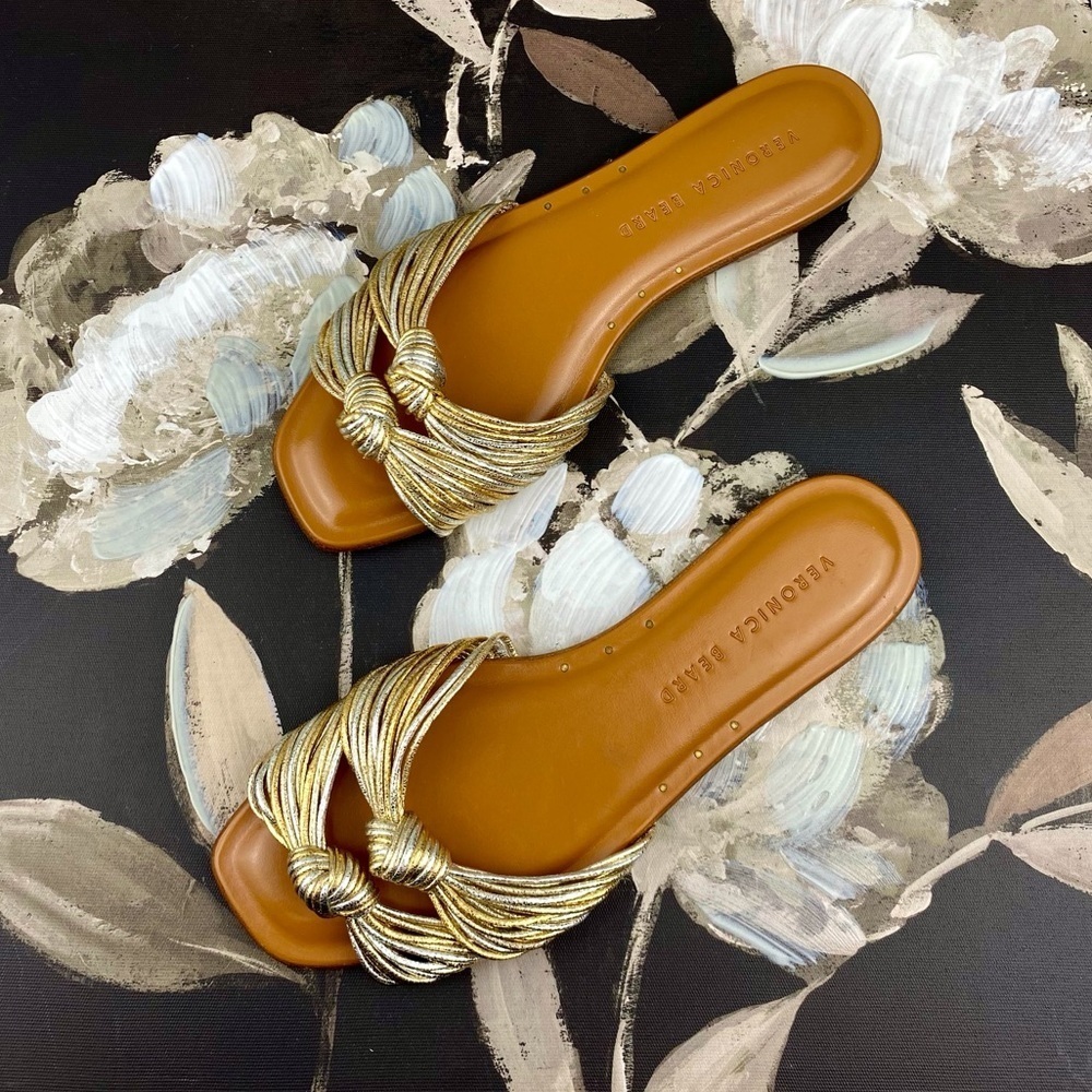 NWOB Veronica Beard Gemma Metallic Knotted Sandals In Gold Silver Size 6. - Picture 2 of 10